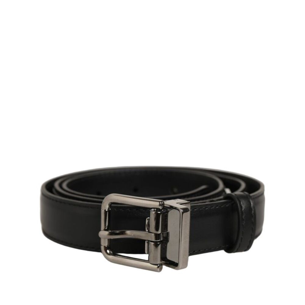 Dolce & Gabbana Black Leather Silver Tone Metal Buckle Men's Belt